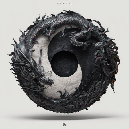 A detailed artwork features a dragon intertwined with a yin yang symbol. The composition uses a monochromatic color scheme, highlighting textures and forms. The lighting provides shadows, emphasizing the three-dimensional feel. This image can be used for conceptual illustrations and design projects.の素材