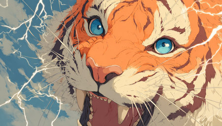 A stylized illustration portrays a tiger with orange and white fur, highlighted with electrical discharge effects. The artwork features vivid colors, bold lines, and a dynamic composition. The background suggests a sky. Suitable for creative projects and potential use in various media.の素材