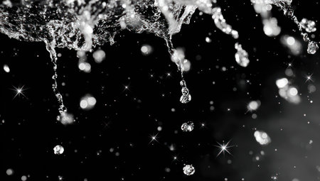 This image showcases water droplets in motion, captured against a dark backdrop. The composition emphasizes the liquid's dynamic form, with droplets of varying sizes and shapes. The contrast between the illuminated droplets and the black background creates a sense of depth and clarity. This visual could serve various design and advertising needs.の素材