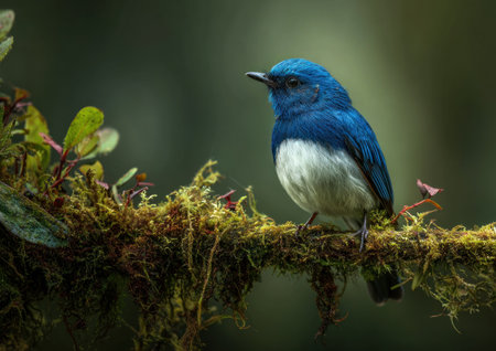 A stunning blue bird with white belly rests on a moss-covered branch. The avian subject displays vibrant plumage against a blurred background of green foliage. The composition highlights natural textures and soft lighting. Suitable for a range of applications from ecological studies to wildlife publications.の素材