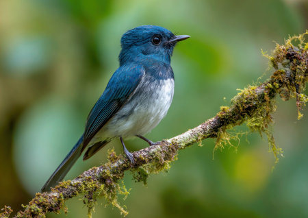 A small bird with bright blue plumage perches on a moss-covered branch, its white chest contrasting with the dark feathers. The image displays natural lighting and soft focus. This photograph could be used for various commercial and editorial projects.の素材