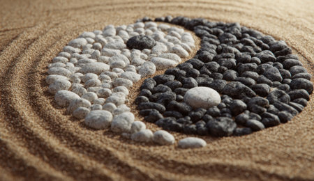 The image presents a Yin Yang symbol meticulously crafted from dark and light stones, arranged on textured sand. The composition employs natural lighting, enhancing the contrast between the elements. This conceptual art piece could be used in various commercial projects emphasizing balance, harmony, or spiritual themes.の素材