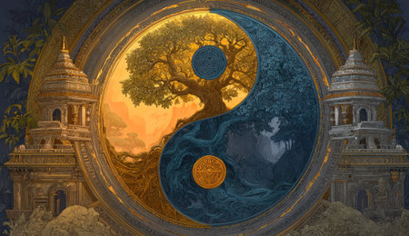 A visually striking artwork features the Yin Yang symbol as its centerpiece, incorporating a tree and ancient buildings. The contrasting colors of gold and blue dominate the composition. The piece showcases a balanced aesthetic with intricate details. It is suitable for editorial and commercial use.の素材