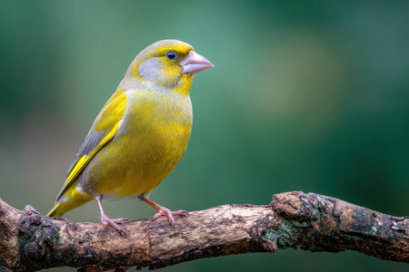 A bright green bird is captured in a close-up shot, perched on a weathered branch. The bird displays yellow and green plumage. The background features a soft, blurred gradient of green tones. This image may be suitable for use in nature-themed publications or educational materials.の素材