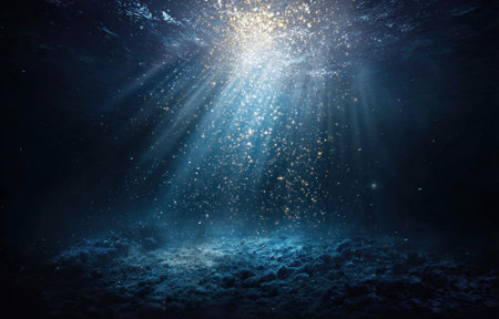 This image presents an underwater view with shafts of bright sunlight piercing the deep blue water. Fine particles are suspended, illuminated by the light. The composition features a dark, textured seabed. Suitable for commercial use, this image could illustrate various themes related to nature and environment.の素材