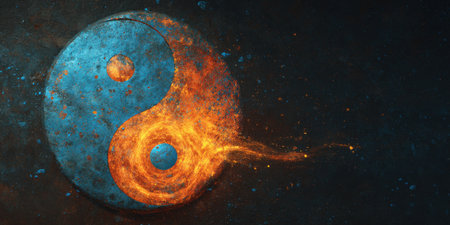 This image presents a stylized Yin Yang symbol, rendered with a fiery visual effect. The symbol is composed of blue and orange elements, suggesting contrasting forces. The composition employs a dark background, and the overall aesthetic could be suitable for various commercial and editorial applications.の素材
