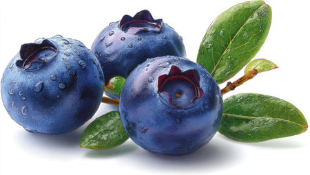 Three plump blueberries are displayed with lush green leaves and a small stem against a pristine white backdrop. The composition presents a close-up view, highlighting the vibrant blue color and texture of the berries. The image could be used in advertising or editorial projects related to food or healthy eating.の素材