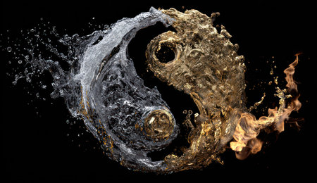 The image presents a Yin Yang symbol, artistically rendered with water. The two halves are distinct, one in silver and the other in gold, set against a dark backdrop. The fluid forms suggest dynamic movement and balance, potentially suitable for use in design projects and illustrative purposes.の素材
