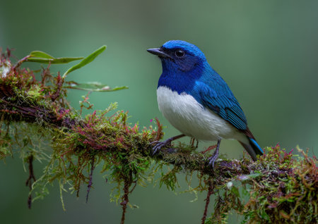 A striking blue and white bird is perched on a moss-covered branch, its colors contrasting with the soft green background. The image showcases natural textures and intricate details. This high-quality photograph is suitable for use in various commercial and editorial projects. The lighting is natural and even, giving it a soft look.の素材