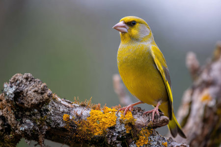 A brightly colored yellow bird with a green head is perched on a weathered branch. The composition showcases the bird's plumage and details against a blurred background. The image exhibits natural lighting, possibly outdoors, and could be suitable for educational materials or nature-themed publications.の素材