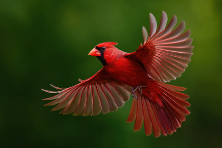 A bright red cardinal soars through the air, its wings fully extended. The bird's plumage displays rich red hues, set against a blurred green background, suggesting a natural outdoor environment. The image features dynamic motion and detailed textures suitable for various commercial and editorial applications.の素材
