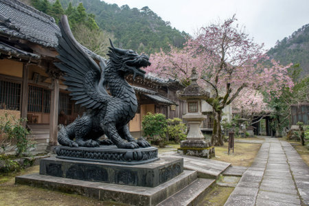 A dark dragon statue with wings sits prominently outdoors. The image captures an architectural setting with a stone pathway, flanked by cherry blossom trees. The scene is composed with natural lighting, featuring detailed textures and a focus on historical design. It could be used for articles on travel or cultural heritage.の素材