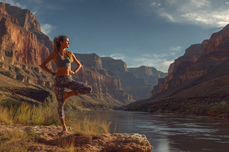 A woman practices a tree pose of yoga next to a river with large rock formations in the background. The scene uses natural sunlight with a wide composition. The image exhibits a healthy lifestyle theme and can be used for editorial and commercial projects.の素材