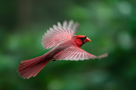 A striking red cardinal bird is captured mid-flight with wings outstretched. The image showcases the bird's plumage and a soft blurred green background. The composition could be suitable for nature-themed projects, educational materials, or various editorial and commercial applications. This photograph emphasizes the beauty of wildlife.の素材