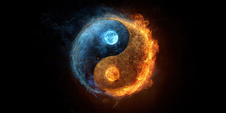 The image displays a Yin and Yang symbol, depicted as a dynamic interplay of fire and water effects against a stark black backdrop. The composition features a vibrant contrast of colors, with orange and blue tones creating a visual balance. This imagery is suitable for use in designs related to spirituality, balance, and conceptual themes.の素材