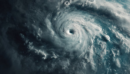 A mesmerizing aerial view presents a swirling storm system, dominated by blues, grays, and whites. The composition showcases a vortex of clouds, with a central eye. This image suggests a powerful natural event. Suitable for various commercial applications related to weather, science, and environmental topics.の素材