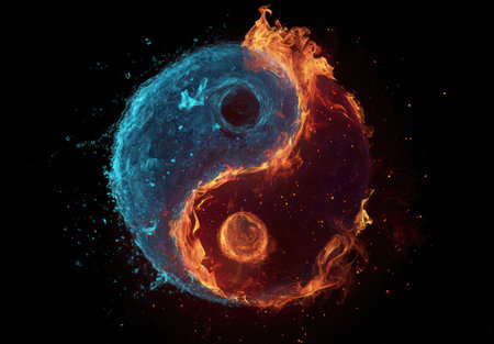 The image displays a Yin Yang symbol comprised of fire and water elements. The fire side is vibrant orange, while the water is a cool blue. The composition shows both sides against a dark background, creating a dynamic visual effect, suitable for various design projects and editorial uses.の素材
