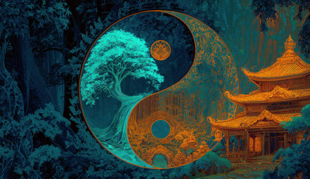 An illustration presents a yin yang symbol filled with a vibrant tree, a traditional pagoda, and a lush landscape. The artwork utilizes a combination of teal, orange, and brown tones, with detailed textures and a stylized composition. This image could be suitable for editorial content, design projects, or spiritual themes.の素材