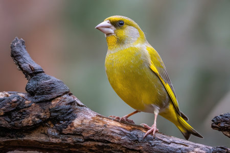 A colorful bird with bright yellow plumage is perched on a textured, dark wooden branch. The bird displays a contrasting color against the soft blurred background. The image showcases natural lighting and depth of field. Suitable for nature-related articles, environmental publications or other commercial uses.の素材