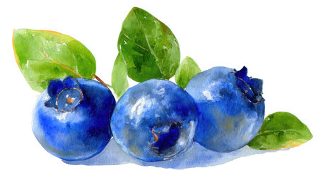 This watercolor illustration features three blueberries with vibrant blue hues and green leaves. The artwork showcases a soft, painterly style with delicate textures. The composition is simple, set against a clean white backdrop. It is suitable for various commercial applications, including food packaging and educational materials.の素材