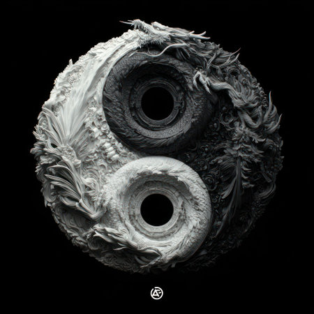 The image showcases a stylized Yin and Yang symbol, incorporating intricate dragon designs. The composition features grayscale tones with high contrast, highlighting textures and details. The lighting is balanced, and the style suggests a blend of Eastern philosophy and modern design. Suitable for conceptual projects and various commercial uses.の素材