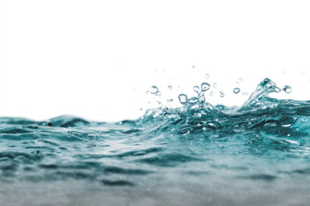 The image showcases water in motion, with a focus on the surface and resulting splashes and droplets. The water exhibits varying shades of blue and turquoise, with visible textures and light reflections. This image might be used in design, advertising, or educational materials to illustrate concepts related to water or nature.の素材