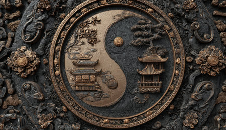 The image showcases a detailed carving of a Yin Yang symbol, featuring architectural elements. The composition displays intricate patterns and textures, utilizing bronze and dark hues. The style suggests an ancient aesthetic, potentially suitable for artistic projects or thematic design elements, for both commercial and editorial applications.の素材