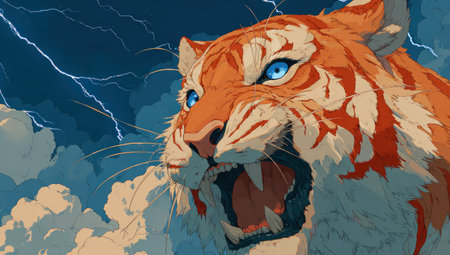 This image features a close-up of a tiger's face, rendered in vivid orange and white hues. The animal is set against a backdrop of stormy clouds and lightning. The artistic style emphasizes dynamic composition with stylized brushstrokes. Ideal for use in various commercial applications, including illustrations and print designs.の素材