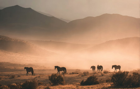 A group of horses stand in a field, their forms silhouetted against a backdrop of mountains and mist. The image displays a warm color palette, with tones of orange and brown dominating the scene. The soft lighting suggests a sunrise or sunset. This could be used for various projects, including editorial and advertising.の素材