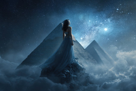A woman stands atop stylized pyramids, silhouetted against a dark blue, starry night sky. The artwork incorporates textures of clouds, creating an ethereal atmosphere. The composition suggests themes of contemplation and fantasy. This image could be used for various illustrative purposes, including editorial and commercial projects.の素材