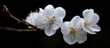 Close-up shot of delicate white cherry blossoms blooming on a branch. The petals exhibit a textured quality, with yellow stamens visible. The composition is set against a dark background. This image may be suitable for various commercial uses, including floral design and editorial projects.の素材