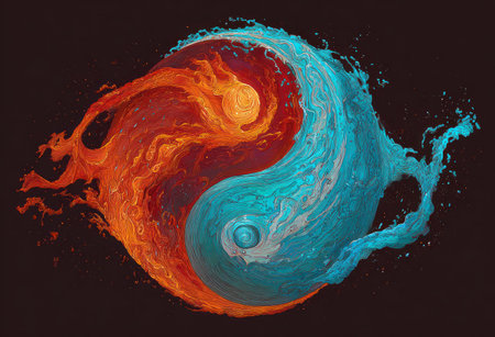 An artistic representation of the Yin and Yang symbol merges fire and water elements. Vivid orange and blue hues blend dynamically, illustrating the balance of contrasting forces. The artwork's fluid style and dark background contribute to a visually striking composition suitable for design or editorial projects.の素材