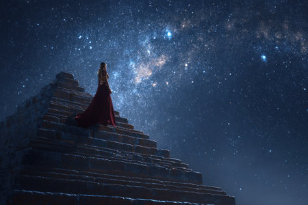 A woman in a flowing red dress ascends a grand staircase under a vast, starry night sky. The image showcases a dramatic composition with a celestial background and silhouette of a person. The artwork utilizes vibrant colors and evokes a sense of wonder and aspirational themes, ideal for editorial and commercial projects.の素材