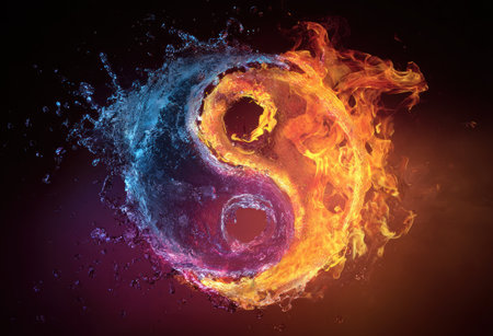 This digital artwork depicts the Yin Yang symbol, visually split between water and fire. The water side features a blue and purple splash, while the fire side bursts with orange and yellow flames. The composition uses a dark background, highlighting the contrasting textures and colors, suitable for various design purposes.の素材