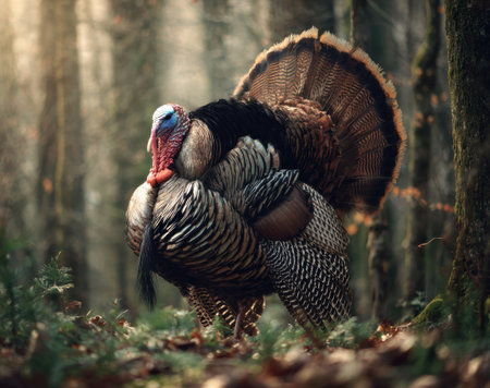A male turkey stands amidst a wooded setting, showcasing its plumage. The bird displays a colorful head and neck, with detailed feathers in shades of brown and white. The lighting suggests a daytime scene. This image could be used for nature-related articles or illustrative purposes.の素材