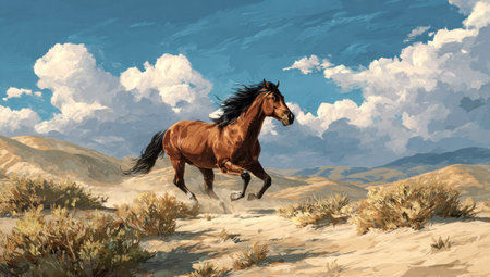 A brown horse gallops across a sandy desert terrain under a blue sky dotted with fluffy white clouds. The artwork uses a painterly style, with visible brushstrokes and soft textures. The lighting suggests a sunny day. This image is suitable for use in various commercial and editorial projects.の素材