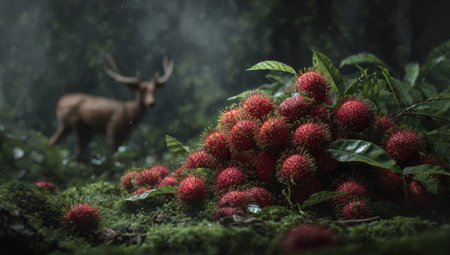 A cluster of bright red fruits dominates the foreground, complemented by lush green foliage. In the background, a deer stands amidst the dim forest. The image features a soft, natural lighting and a shallow depth of field. It can be used for various commercial and editorial purposes.の素材