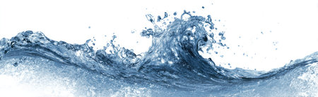 A close-up view displays a clear water wave, showcasing its movement and texture against a white backdrop. The image presents blue hues, with visible splashes and details. Suitable for designs, this visual could be used for concepts related to nature, environment, or water-based themes.の素材
