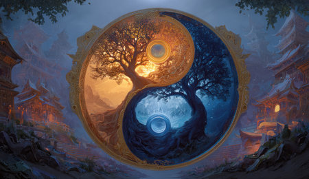 A visual representation of the Yin and Yang symbol features two trees, each with contrasting colors. One tree is bathed in warm light, while the other is in cool tones. The composition showcases intricate details, possibly for concept illustration or spiritual themes. This artwork could be applied for editorial and commercial projects.の素材