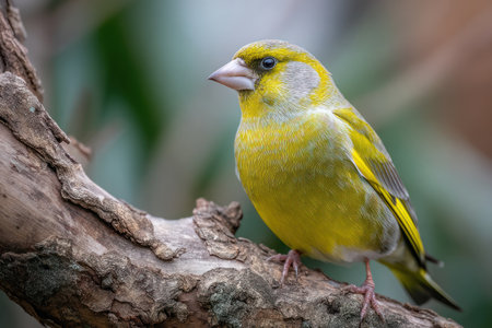 A vivid image showcasing a small bird with bright yellow and green plumage perched on a textured tree branch. The composition highlights the bird's features against a soft, blurred background. This image could be suitable for various editorial or commercial applications, including wildlife content.の素材
