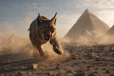 A lynx charges across a barren desert, kicking up dust. In the background, towering pyramids rise against a hazy sky. The image features warm tones and soft lighting, with a focus on the animal's movement and the expansive environment. It could be used for editorial content or advertising projects.の素材