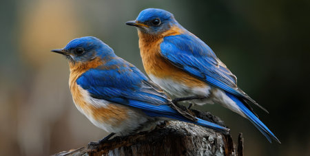 Two bluebirds with vibrant blue plumage and orange chest feathers are perched together. The birds display detailed feather textures against a blurred background. The natural lighting suggests an outdoor setting. This image is suitable for various commercial and editorial projects.の素材