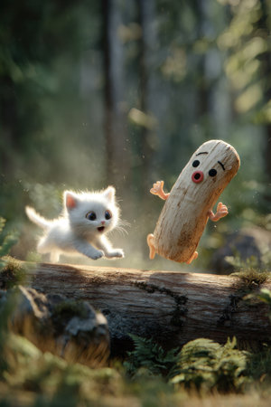 A fluffy white kitten leaps across a log, encountering an anthropomorphic wooden figure in a blurred forest setting. The image features soft, diffused lighting and a shallow depth of field, with vibrant greens and browns dominating the color palette. It could be used for illustrative purposes, children's content, or fantasy projects.の素材