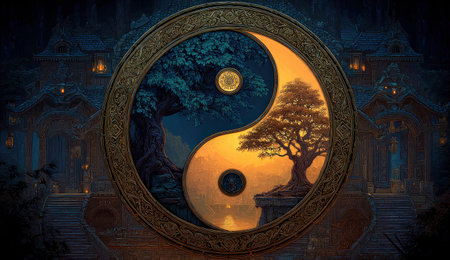 An artistic depiction features the yin yang symbol at the center, displaying a circular form. The symbol's halves contain trees with contrasting colors, creating a visually striking contrast. The composition likely suggests concepts of balance and harmony, and can be utilized for various commercial and creative projects.の素材