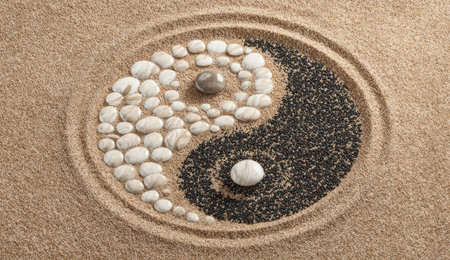 This image presents a Yin Yang symbol artfully constructed on a sandy surface. It utilizes pebbles of two contrasting tones to form the symbol's shape. The composition features a symmetrical layout with a textured backdrop, suggesting a naturalistic aesthetic. Suitable for various applications including graphic design and symbolic representation.の素材