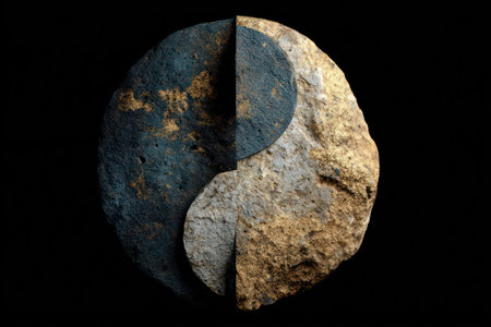 A conceptual representation depicts the Yin and Yang symbol formed from contrasting stone textures, one side dark blue and the other golden brown. The composition, set against a black background, employs a macro-style perspective. This image is suitable for various design projects including conceptual art, illustration, and symbolic representation.の素材