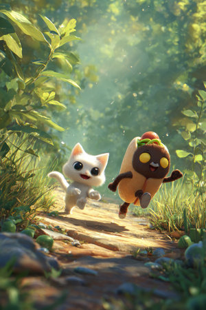 An image features a cartoon cat and a taco character, possibly illustrating friendship or adventure. The scene takes place in a sunlit forest with a dirt path. The style is illustrative, with vibrant colors and soft textures. This image could be used for various commercial applications, including advertising.の素材
