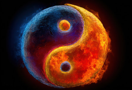 A vibrant Yin Yang symbol is displayed with swirling textures, contrasting blue and orange hues, and a touch of yellow. The composition features a central focus against a dark backdrop. This image is well-suited for illustrating balance, harmony, and abstract concepts for diverse commercial applications.の素材