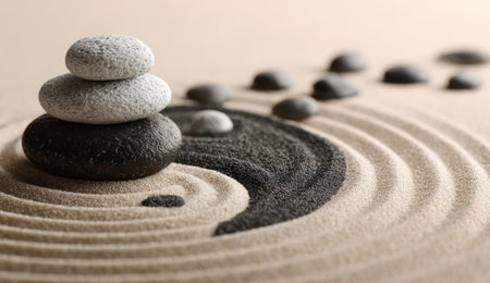 A composition features stacked stones and a Yin Yang symbol raked into sand. The image displays a neutral color palette with soft textures and shallow depth of field. Suitable for editorial and commercial purposes, the tranquil scene suggests balance and meditation within an indoor setting.の素材