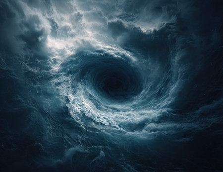 An abstract illustration depicts a swirling formation of clouds creating a vortex effect. The image showcases dark blues and whites, highlighting texture and contrast. The composition suggests a dynamic, potentially chaotic environment, suitable for projects involving weather, concepts, or visual effects. It could be used for editorial or commercial purposes.の素材